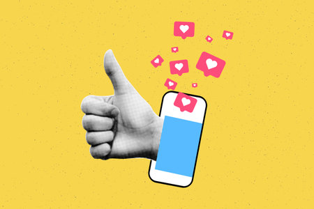 Social media like icons with halftone hand thumb up appearing from smartphone collage banner. Modern grunge cut out elements. Popularity, feedback, influence. Vector illustrationのイラスト素材