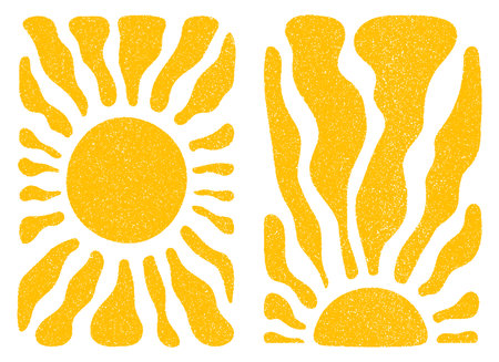Sun groovy retro elements set isolated on transparent background. Organic abstract wavy shapes and vintage grainy stippling texture. Modern retro Matisse style vector illustrationのイラスト素材