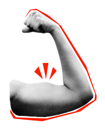 Trendy halftone collage element hand showing flexed biceps emoji gesture. Cut out from magazine shape with doodles. Grunge punk dotted modern retro vector illustrationのイラスト素材