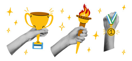 Trendy collage elements set Halftone hands holding trophy cup, torch with burning fire and first place gold medal. Success, victory. Modern retro vector illustration for mixed media designのイラスト素材