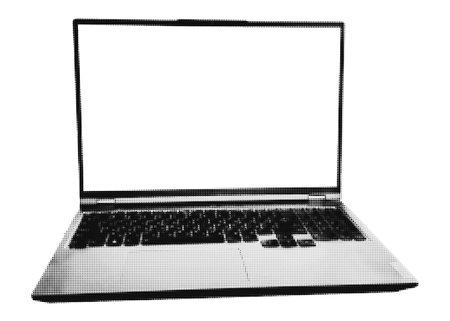 Laptop computer with blank screen halftone collage element with retro dotted texture. Cut out from magazine shape for mixed media design. Vector illustration isolated on transparent backgroundのイラスト素材