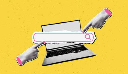 Trendy pop art collage search concept. Halftone laptop computer with search bar and cut out hands pointing on it. Modern retro textured vector illustration for mixed media designのイラスト素材