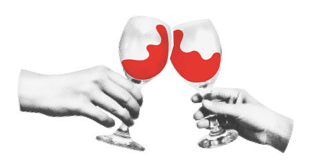 Two hands holding red wine glasses halftone art collage. Toast, cheers Cutout magazine shapes, modern retro, grunge punk festive design. Vector illustration isolated on transparent backgroundのイラスト素材
