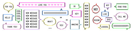 Pixel art speech bubbles set with short phrases. Retro 8 bit video game dialogue chat boxes with colorful frames and text. Hello, ok, like, wow, good, amazing, cool, new message. Vector illustrationのイラスト素材
