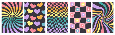 Rainbow groovy poster set. Psychedelic distorted pattern collection for banner, greeting card, party. LGBT Pride month. Trendy retro vector illustration isolated on dark backgroundのイラスト素材
