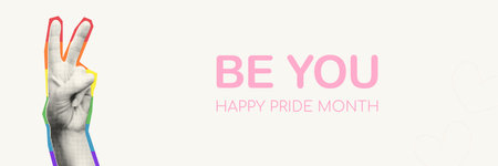Happy Happy Pride month halftone collage banner template with grunge cut out from magazine human hand in victory gesture. Be you slogan. Trendy modern retro vector illustration with copy spaceのイラスト素材