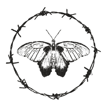 Trendy grunge element with retro photocopy stipple effect. Butterfly and barbed wire round frame Y2K goth core 2000s style. Modern illustration vector dots texture. For poster design, t-shirt printのイラスト素材
