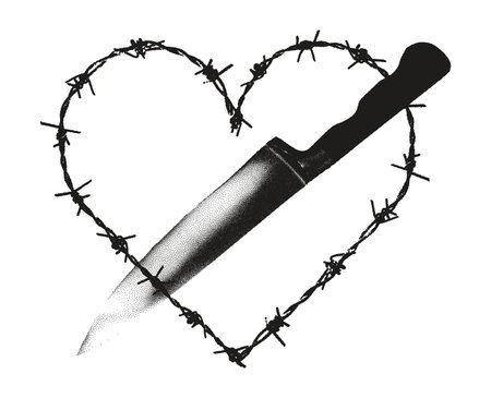 Trendy grunge element with retro photocopy stipple effect. Barbed wire heart shaped frame and knife Y2K goth core 2000s style. Modern illustration vector dots texture. For poster design, t-shirt printのイラスト素材