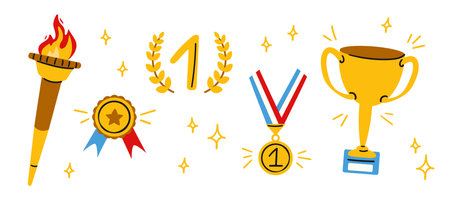 Award hand drawn elements set. Trophy cup, torch with burning fire and first place gold medal and ribbon prize. Success, sport victory. Modern vector illustrationのイラスト素材