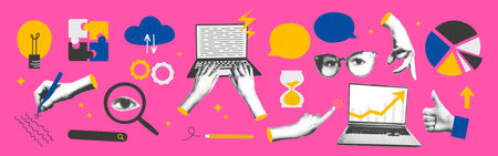 Trendy halftone collage business elements set. Hands working on laptop, signs the contract, rising arrow chart, technology, start up, idea, team work concept. Modern retro vector illustrationのイラスト素材