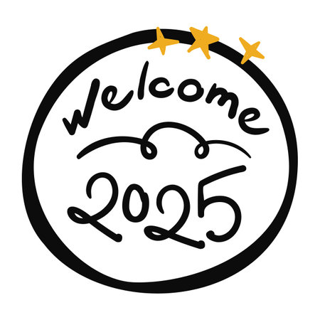 Welcome 2025 handwritten phrase. Doodle circle, line and scribble stars. Black and gold print ideal for t-shirt, greeting card, packaging Vector illustration isolated on transparent backgroundのイラスト素材