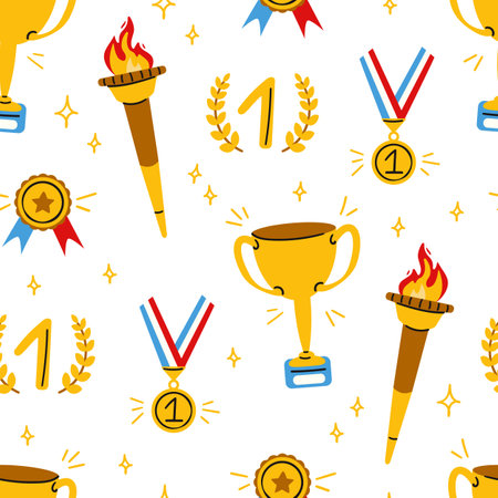 Award hand drawn seamless pattern. Trophy cup, torch with burning fire and first place gold medal and ribbon prize. Success, sport victory. Modern flat vector illustration on transparent backgroundのイラスト素材