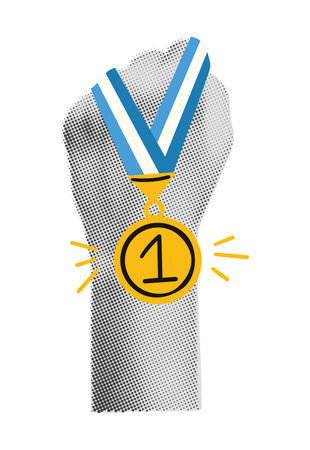 Halftone hand holding first place gold medal trendy collage element. Business success, sport victory, goal achievement concept. Modern retro vector illustration isolated on transparent backgroundのイラスト素材