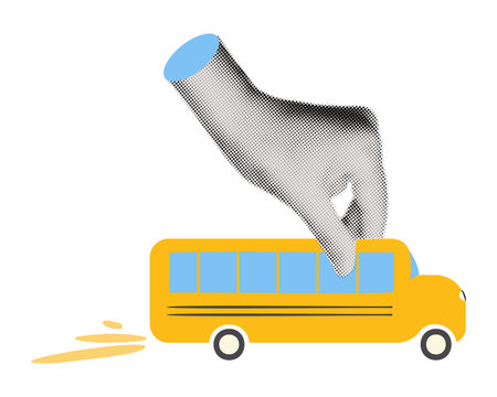 Trendy collage element. Halftone hand driving yellow school bus. Back to school concept. Modern retro grunge vector illustration isolated on transparent backgroundのイラスト素材