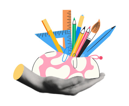 Trendy collage element halftone hand holding open pencil case with various stationery. Back to school concept. Modern retro grunge vector illustration isolated on transparent backgroundのイラスト素材