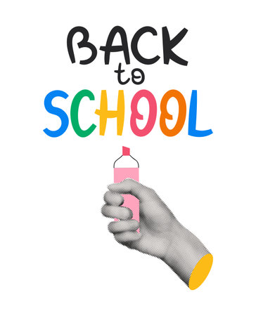 Back to school design with typography and halftone collage hand holding pink highlighter, ideal for educational posters, cards, and classroom decorations. Modern retro grunge vector illustrationのイラスト素材