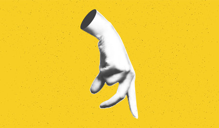 Collage element of halftone hand with walking fingers gesture against bold yellow textured background with copy space. Cut out of magazine shape. Grunge modern retro vector illustrationのイラスト素材