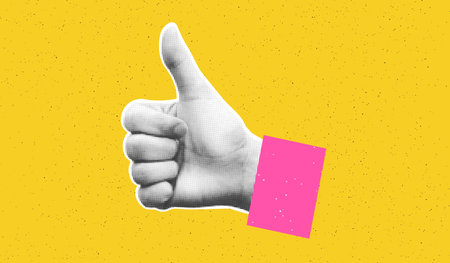 Collage element of halftone hand with thumb up against bold yellow textured background with copy space. Good, OK, okay, like sign. Cut out of magazine shape. Grunge modern retro vector illustrationのイラスト素材