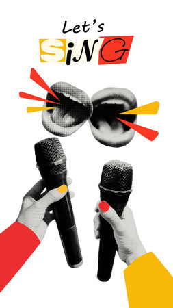Lets sing trendy collage vertical social media poster template. Halftone hands holding microphones, mouths singing karaoke, cut out text. Modern retro vector illustration on transparent backgroundのイラスト素材