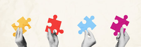 Halftone hands making puzzle together contemporary art collage. Metaphor of partnership, teamwork concept. Modern retro vector illustration banner template on beige crumpled paper texture backgroundのイラスト素材