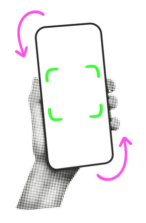 Halftone hand holding smartphone with square qr code scan frame trendy collage paper cut out sticker template with copy space. Sale, promotion, shopping online. Modern retro vector illustrationのイラスト素材
