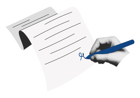 Cutout hand signing business contract or document, signature concept halftone art collage element. Modern retro mixed media vector illustration isolated on transparent backgroundのイラスト素材