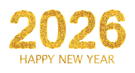 2026 golden glitter numbers with gold gradient outline and text Happy New year isolated on...