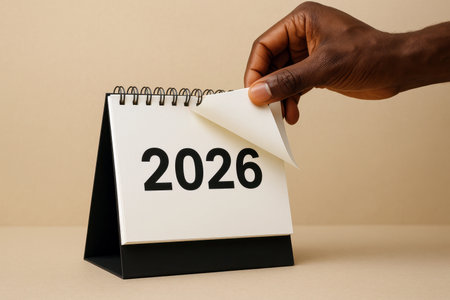 A hand of a young black man turns page on desk calendar displaying numbers 2026. New year banner with neutral and minimalistic background, with copy space for textの素材