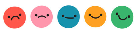 Colored emoji set, positive and negative feedback, customer review concept. Faces with various expressions, sad, neutral and happy. Modern flat vector illustration isolated on transparent backgroundのイラスト素材