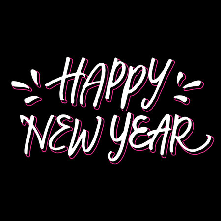 Happy New Year! White and pink hand lettering on black background.のイラスト素材