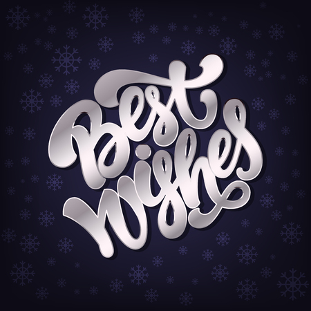 'Best Wishes' calligraphic lettering for greeting card or poster. Silver letters on dark violet snowflakes background.のイラスト素材