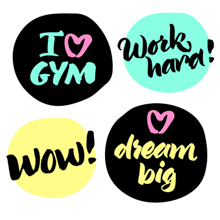 Set of handwritten quotes: I love gym, Work hard!, Wow!, Dream big. Hand painted brush lettering.のイラスト素材