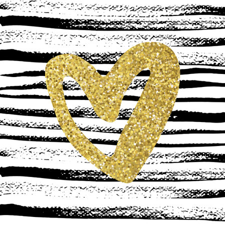 Golden sparkling heart on scratched lines background. Hand painted graphics for Valentine's cards, love cards and wedding cards modern design.のイラスト素材