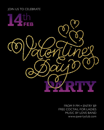 Valentine's day party flyer or invitation design. Vector template. Golden hand lettering on black background.のイラスト素材