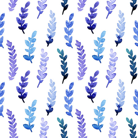 Seamless watercolor spring floral pattern. painted blue, violet and turquoise leaves background.の写真素材