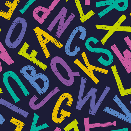 Seamless colorful typography pattern.alphabet backdrop. Bright colorful letters on dark blue background.のイラスト素材