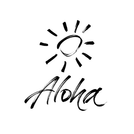 Aloha brush ink lettering and hand drawn sun sign. Handwritten modern calligraphy isolated on white background. Inscription for summer party invitation, banner, poster or greeting card. Symbol of holidays on Hawaii island.の写真素材