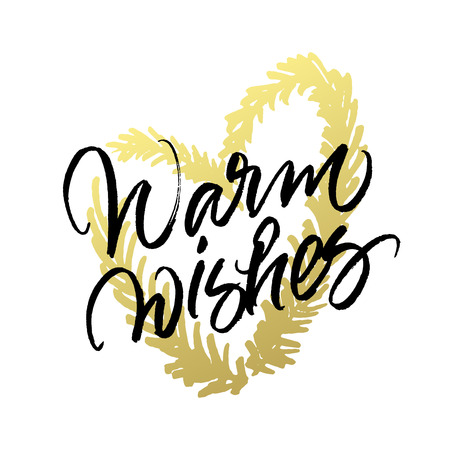 Warm Wishes Christmas and New Year greeting card. Handwritten brush calligraphy with golden heart wreath.のイラスト素材