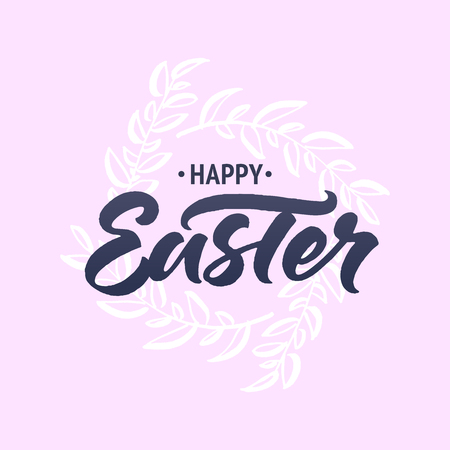 Happy Easter greeting card with brush lettering and hand drawn spring wreath on pink backgroundのイラスト素材
