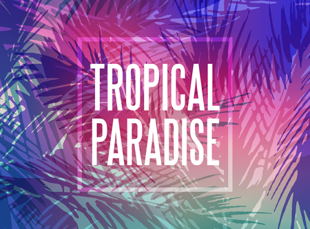 Tropical paradise background with palm tree leaves at sunsetのイラスト素材