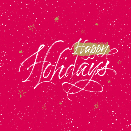 Happy Holidays greeting card. Handwritten vector calligraphy on red and golden splattered background with stars.のイラスト素材