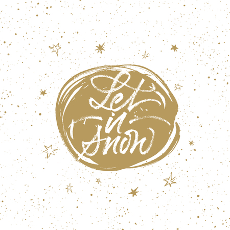 Let it snow brush calligraphy. Christmas greeting card with handwritten lettering and hand drawn splattered background. Isolated on white.のイラスト素材
