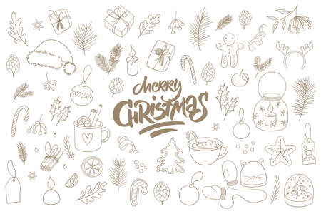 Christmas doodles collection. Set of line art sketchy drawing. Merry Christmas lettering. Isolated on white background.のイラスト素材