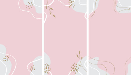 Set of abstact shapes and lines patterns. Pink girly background for wedding cards, social media, banners design.のイラスト素材
