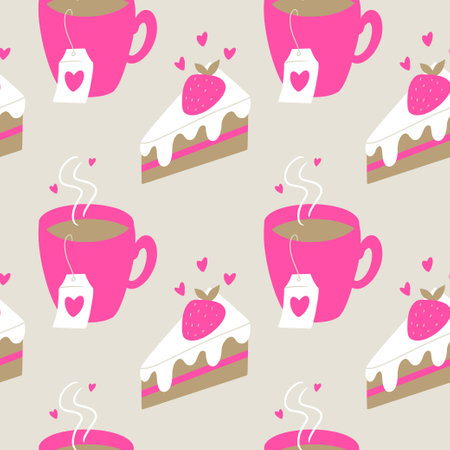 Seamless background with cups of tea and strawberry cake pieces. Valentineâs day background.のイラスト素材