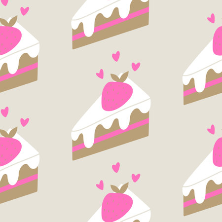 Seamless pattern with strawberry cake pieces and hearts. Valentineâs day bakery background.のイラスト素材
