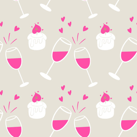 Valentineâs Day seamless pattern. Romantic background with two wine glasses and candles.のイラスト素材