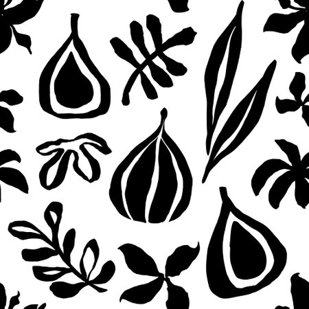Seamless pattern with abstract botanical cut-out elements. Figs and leaves decorative illustration. Black and white free-form graphics.のイラスト素材