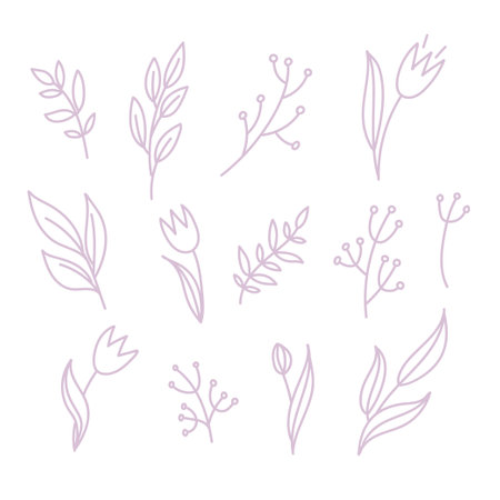 Set of floral line art simple doodles. Vector hand drawn flower and leaves drawing. Isolated.のイラスト素材