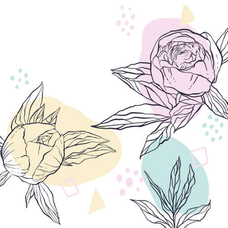 Floral abstract background. Hand drawn peony flowers and free-form organic shapes.のイラスト素材